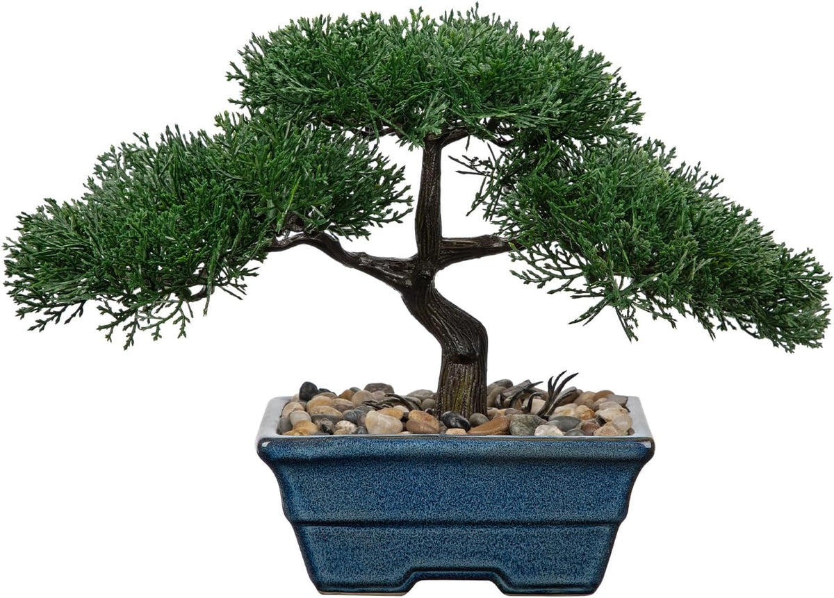 Artificial Bonsai Tree Juniper Faux Plants Indoor Fake Plants Decor with Blue Square Ceramic Pots for Home Table Office Desk Bathroom Shelf Bedroom Living Room Farmhouse Decorations