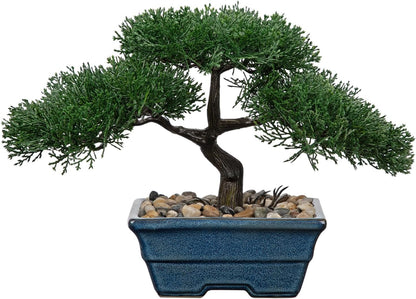 Artificial Bonsai Tree Juniper Faux Plants Indoor Fake Plants Decor with Blue Square Ceramic Pots for Home Table Office Desk Bathroom Shelf Bedroom Living Room Farmhouse Decorations