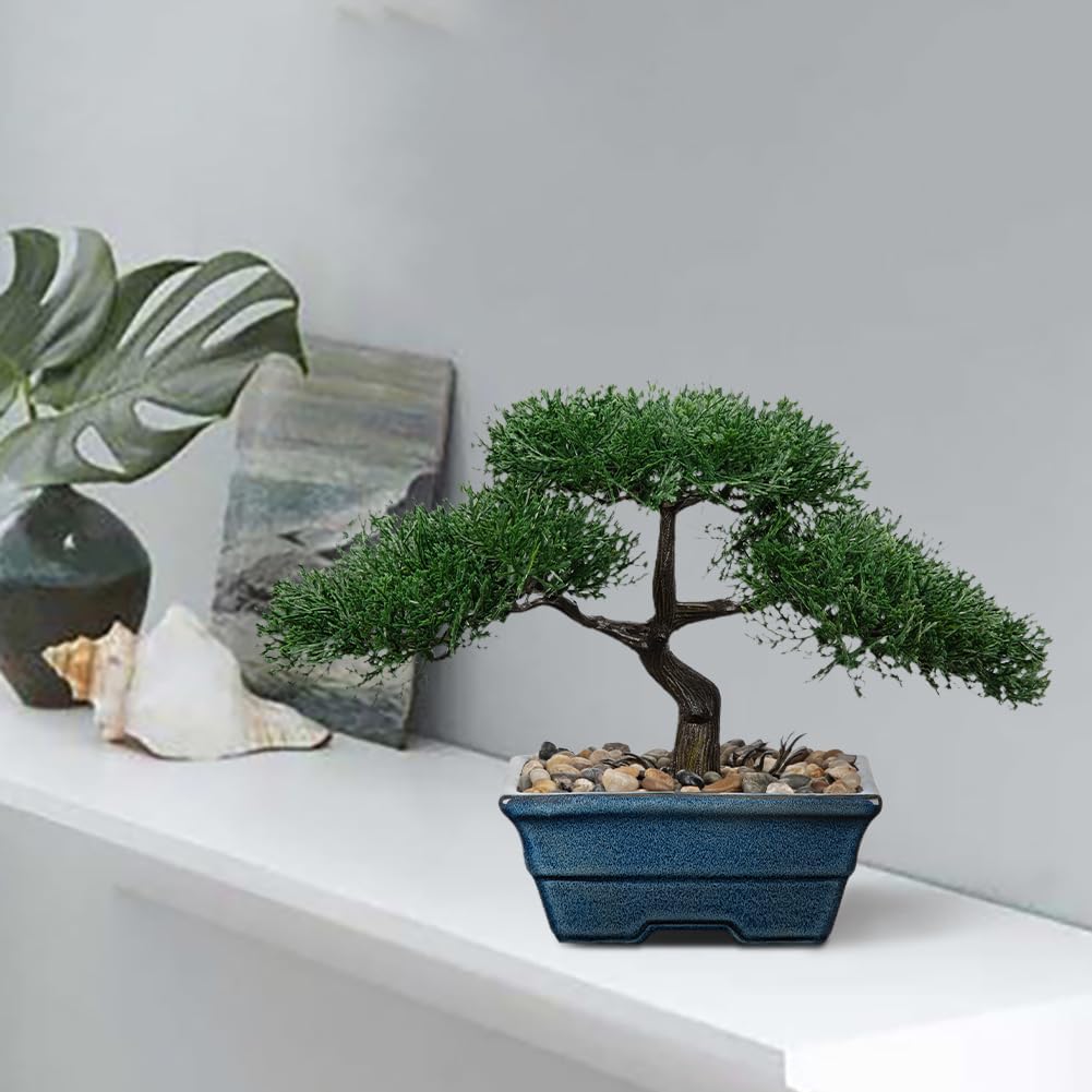 Artificial Bonsai Tree Juniper Faux Plants Indoor Fake Plants Decor with Blue Square Ceramic Pots for Home Table Office Desk Bathroom Shelf Bedroom Living Room Farmhouse Decorations