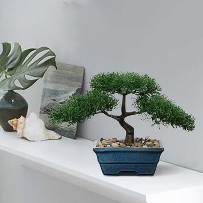 Artificial Bonsai Tree Juniper Faux Plants Indoor Fake Plants Decor with Blue Square Ceramic Pots for Home Table Office Desk Bathroom Shelf Bedroom Living Room Farmhouse Decorations