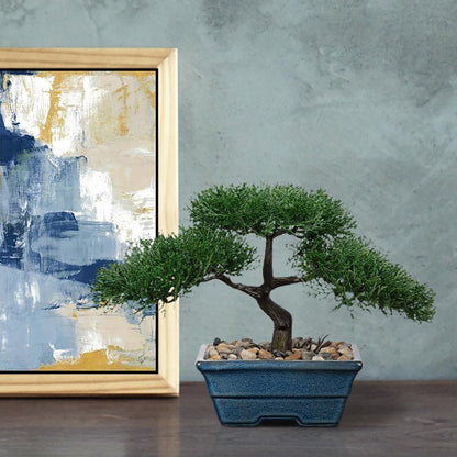 Artificial Bonsai Tree Juniper Faux Plants Indoor Fake Plants Decor with Blue Square Ceramic Pots for Home Table Office Desk Bathroom Shelf Bedroom Living Room Farmhouse Decorations