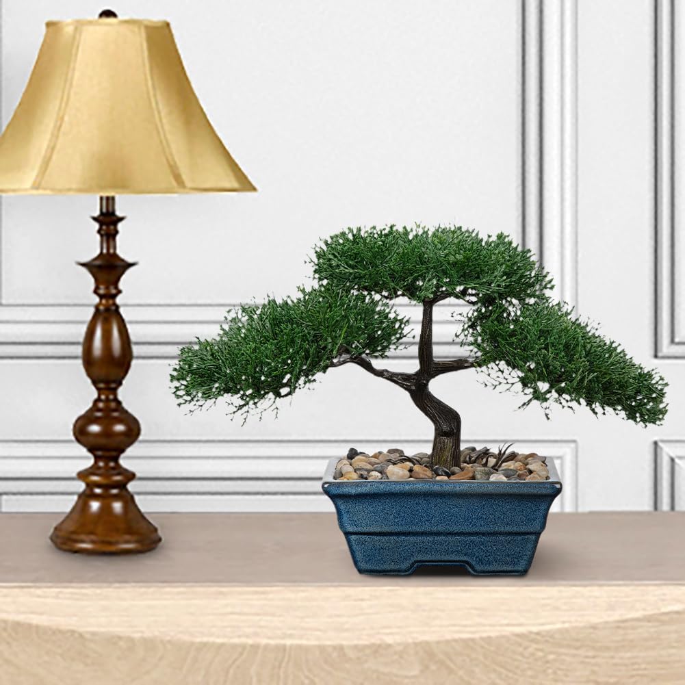 Artificial Bonsai Tree Juniper Faux Plants Indoor Fake Plants Decor with Blue Square Ceramic Pots for Home Table Office Desk Bathroom Shelf Bedroom Living Room Farmhouse Decorations