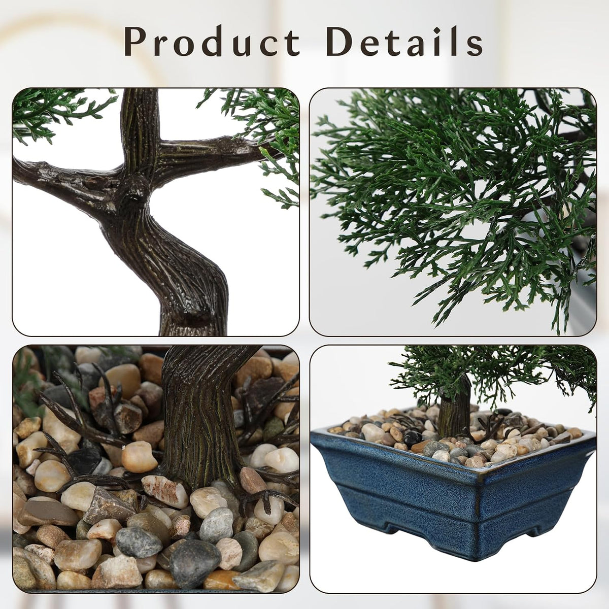 Artificial Bonsai Tree Juniper Faux Plants Indoor Fake Plants Decor with Blue Square Ceramic Pots for Home Table Office Desk Bathroom Shelf Bedroom Living Room Farmhouse Decorations