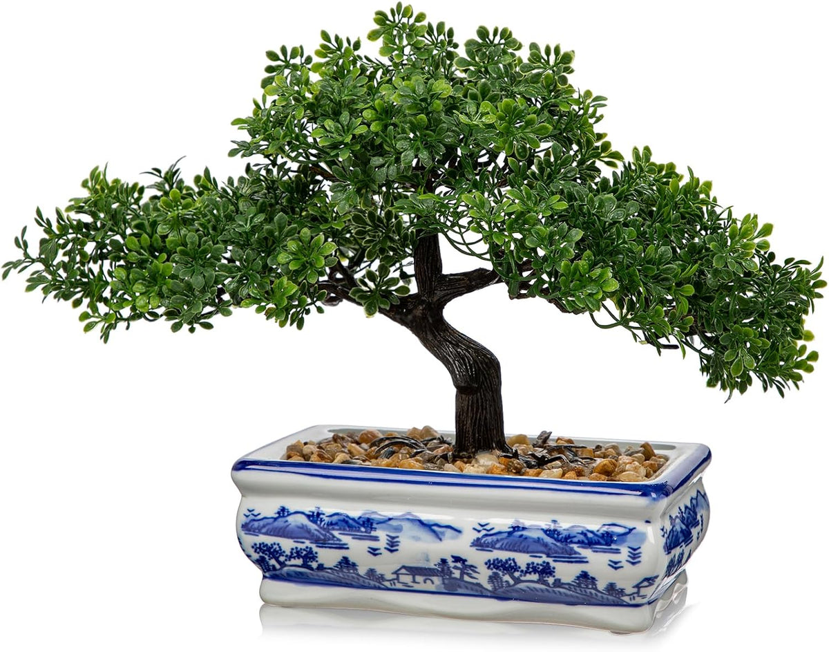 Artificial Bonsai Tree Juniper Faux Plants Indoor Fake Plants Decor with Blue Square Ceramic Pots for Home Table Office Desk Bathroom Shelf Bedroom Living Room Farmhouse Decorations
