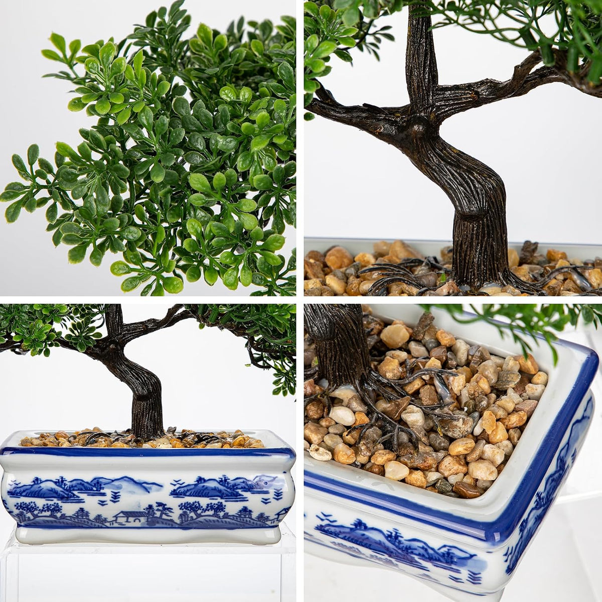 Artificial Bonsai Tree Juniper Faux Plants Indoor Fake Plants Decor with Blue Square Ceramic Pots for Home Table Office Desk Bathroom Shelf Bedroom Living Room Farmhouse Decorations