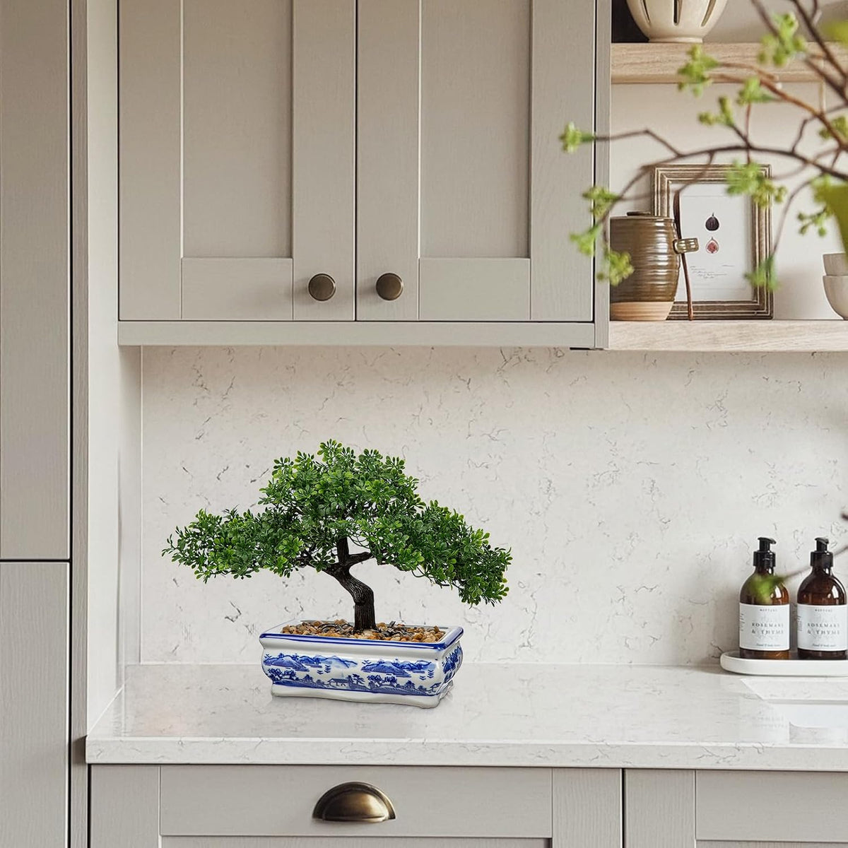 Artificial Bonsai Tree Juniper Faux Plants Indoor Fake Plants Decor with Blue Square Ceramic Pots for Home Table Office Desk Bathroom Shelf Bedroom Living Room Farmhouse Decorations