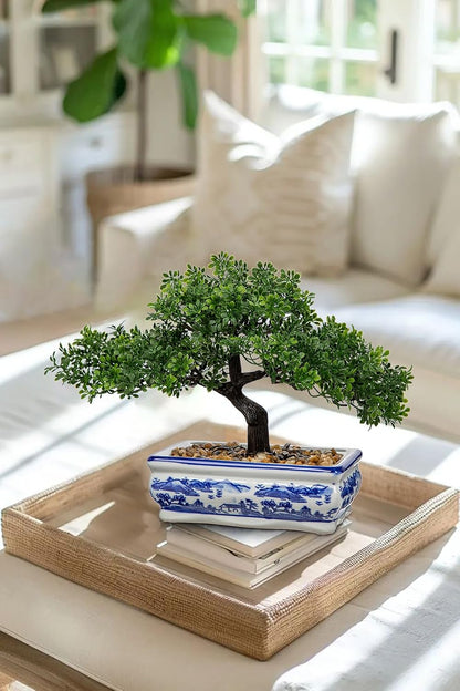 Artificial Bonsai Tree Juniper Faux Plants Indoor Fake Plants Decor with Blue Square Ceramic Pots for Home Table Office Desk Bathroom Shelf Bedroom Living Room Farmhouse Decorations
