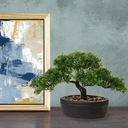 Artificial Bonsai Tree Juniper Faux Plants Indoor Fake Plants Decor with Blue Square Ceramic Pots for Home Table Office Desk Bathroom Shelf Bedroom Living Room Farmhouse Decorations