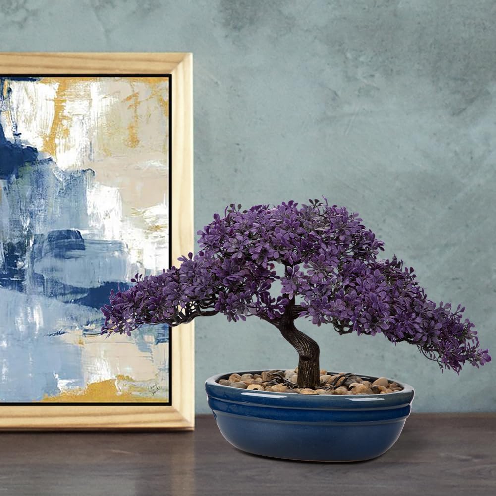 Artificial Bonsai Tree Juniper Faux Plants Indoor Fake Plants Decor with Blue Square Ceramic Pots for Home Table Office Desk Bathroom Shelf Bedroom Living Room Farmhouse Decorations