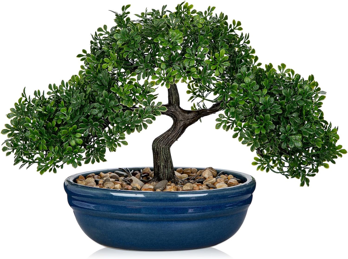 Artificial Bonsai Tree Juniper Faux Plants Indoor Fake Plants Decor with Blue Square Ceramic Pots for Home Table Office Desk Bathroom Shelf Bedroom Living Room Farmhouse Decorations
