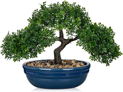 Artificial Bonsai Tree Juniper Faux Plants Indoor Fake Plants Decor with Blue Square Ceramic Pots for Home Table Office Desk Bathroom Shelf Bedroom Living Room Farmhouse Decorations