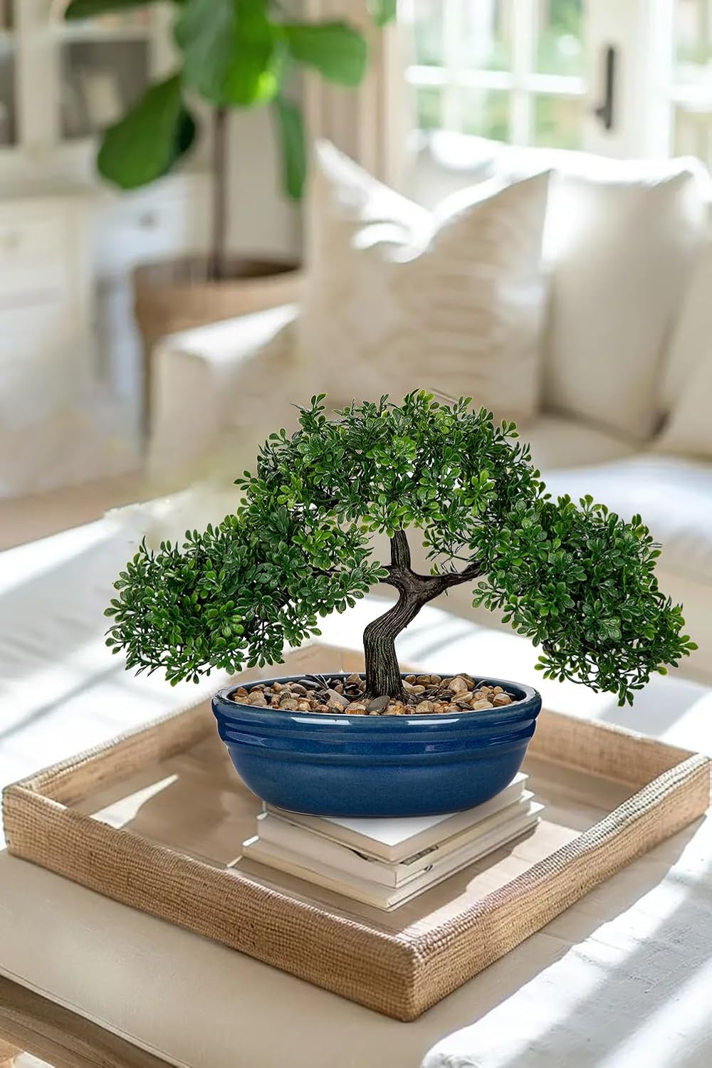 Artificial Bonsai Tree Juniper Faux Plants Indoor Fake Plants Decor with Blue Square Ceramic Pots for Home Table Office Desk Bathroom Shelf Bedroom Living Room Farmhouse Decorations