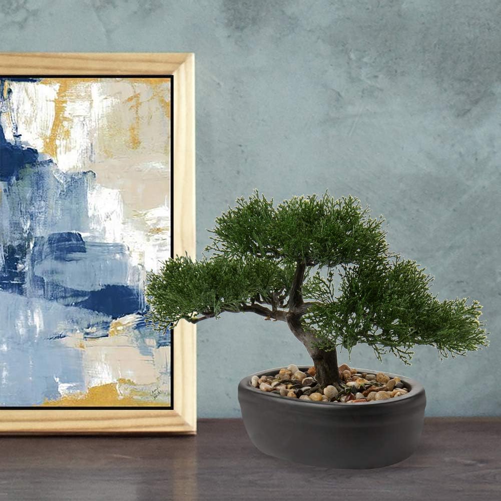 Artificial Bonsai Tree Juniper Faux Plants Indoor Fake Plants Decor with Blue Square Ceramic Pots for Home Table Office Desk Bathroom Shelf Bedroom Living Room Farmhouse Decorations