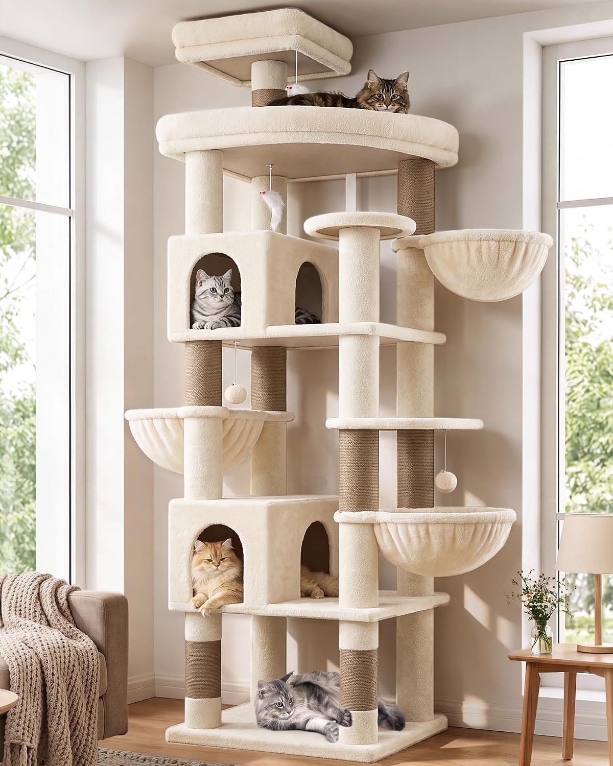 Extra Large Cactus Cat Tree Tower, 82in Tall Heavy Duty Cat Tree for Indoor Cats Large Adult Big Cat Tower with 8 Scratching Posts, 2 Cat Condos, 2 Top Perches, 3 Hanging Baskets, S82, Green