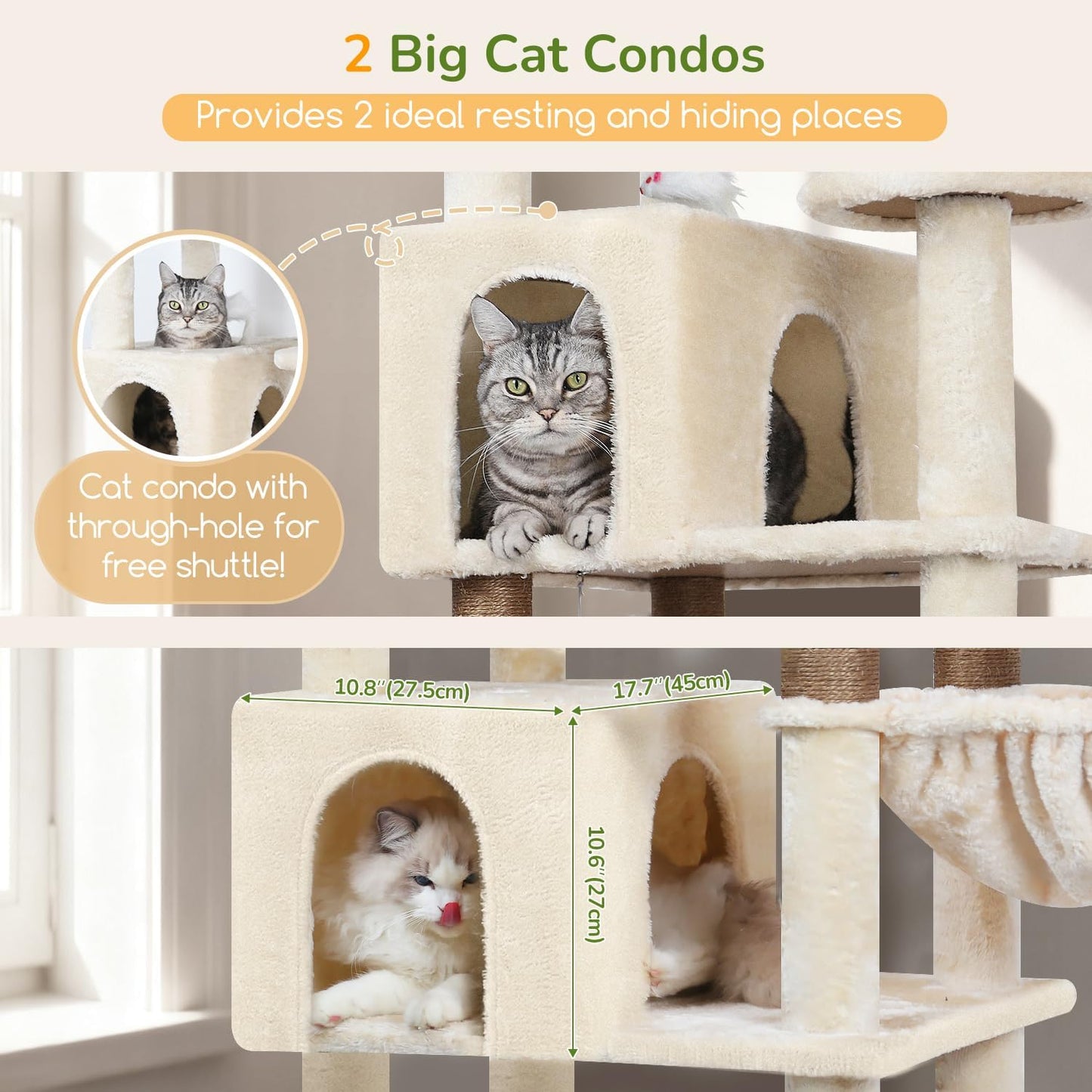 Extra Large Cactus Cat Tree Tower, 82in Tall Heavy Duty Cat Tree for Indoor Cats Large Adult Big Cat Tower with 8 Scratching Posts, 2 Cat Condos, 2 Top Perches, 3 Hanging Baskets, S82, Green