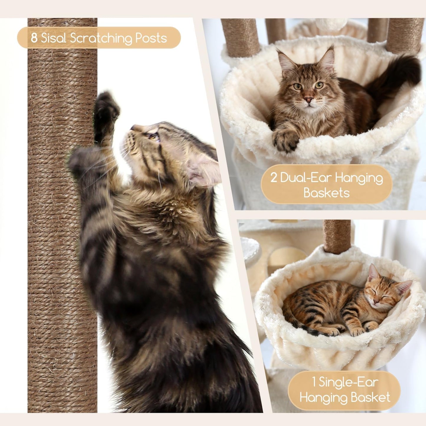 Extra Large Cactus Cat Tree Tower, 82in Tall Heavy Duty Cat Tree for Indoor Cats Large Adult Big Cat Tower with 8 Scratching Posts, 2 Cat Condos, 2 Top Perches, 3 Hanging Baskets, S82, Green