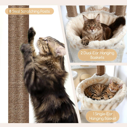Extra Large Cactus Cat Tree Tower, 82in Tall Heavy Duty Cat Tree for Indoor Cats Large Adult Big Cat Tower with 8 Scratching Posts, 2 Cat Condos, 2 Top Perches, 3 Hanging Baskets, S82, Green