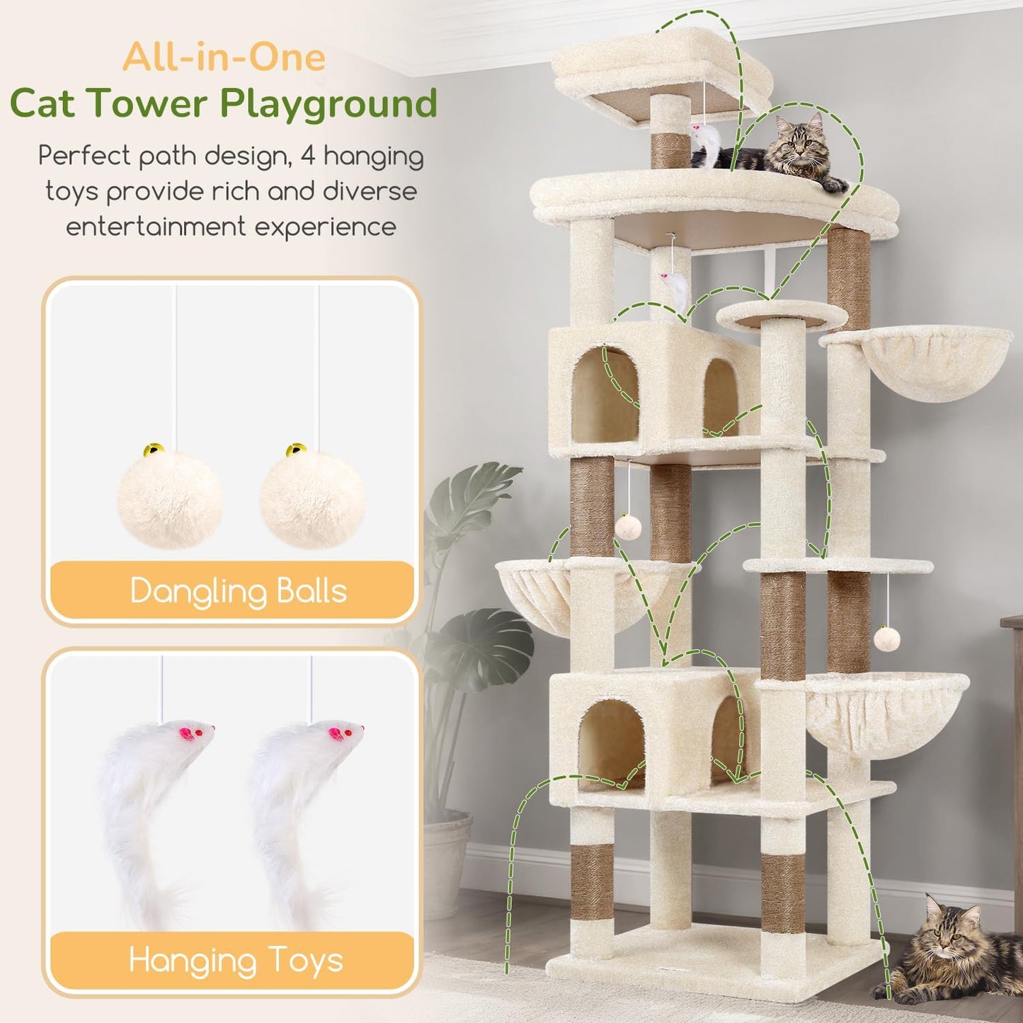 Extra Large Cactus Cat Tree Tower, 82in Tall Heavy Duty Cat Tree for Indoor Cats Large Adult Big Cat Tower with 8 Scratching Posts, 2 Cat Condos, 2 Top Perches, 3 Hanging Baskets, S82, Green