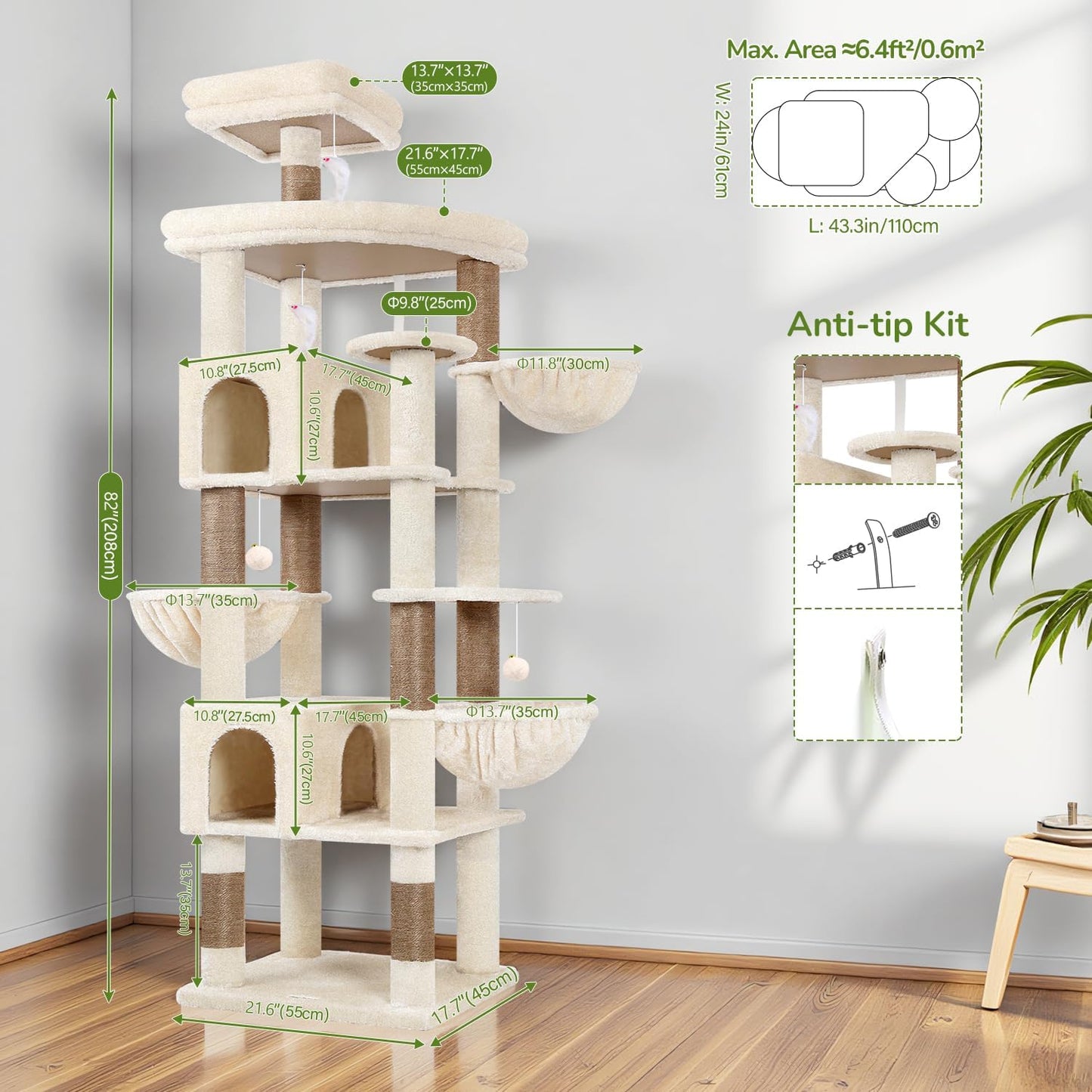 Extra Large Cactus Cat Tree Tower, 82in Tall Heavy Duty Cat Tree for Indoor Cats Large Adult Big Cat Tower with 8 Scratching Posts, 2 Cat Condos, 2 Top Perches, 3 Hanging Baskets, S82, Green