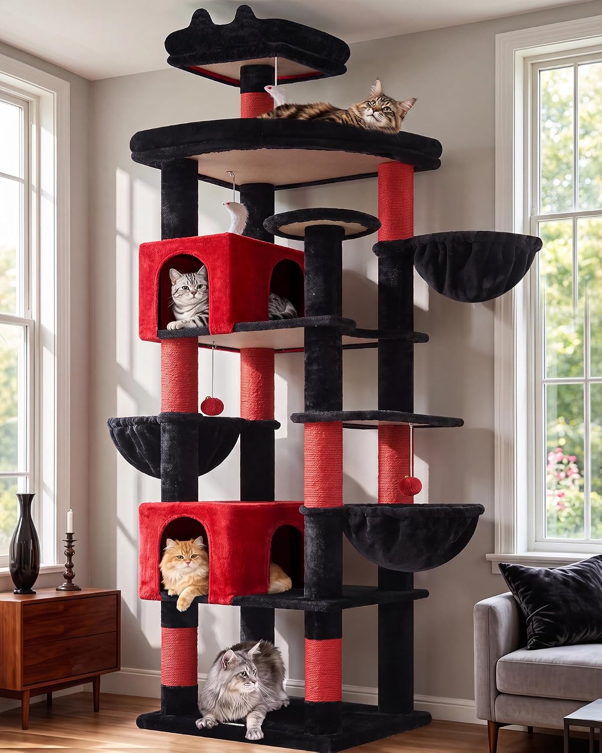 Extra Large Cactus Cat Tree Tower, 82in Tall Heavy Duty Cat Tree for Indoor Cats Large Adult Big Cat Tower with 8 Scratching Posts, 2 Cat Condos, 2 Top Perches, 3 Hanging Baskets, S82, Green