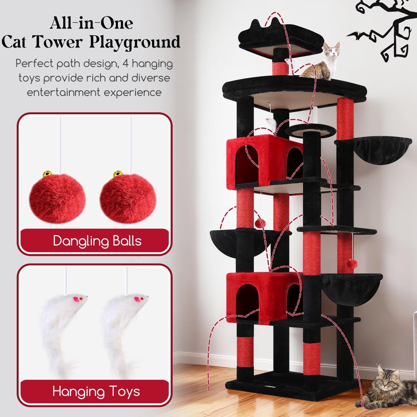 Extra Large Cactus Cat Tree Tower, 82in Tall Heavy Duty Cat Tree for Indoor Cats Large Adult Big Cat Tower with 8 Scratching Posts, 2 Cat Condos, 2 Top Perches, 3 Hanging Baskets, S82, Green
