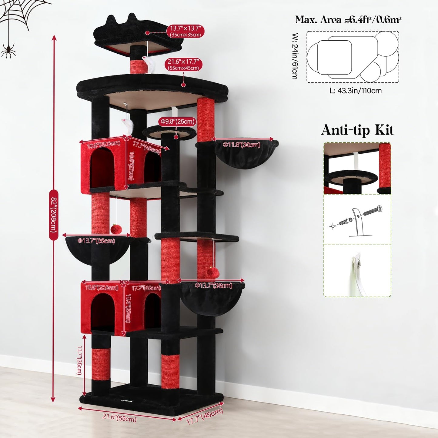 Extra Large Cactus Cat Tree Tower, 82in Tall Heavy Duty Cat Tree for Indoor Cats Large Adult Big Cat Tower with 8 Scratching Posts, 2 Cat Condos, 2 Top Perches, 3 Hanging Baskets, S82, Green