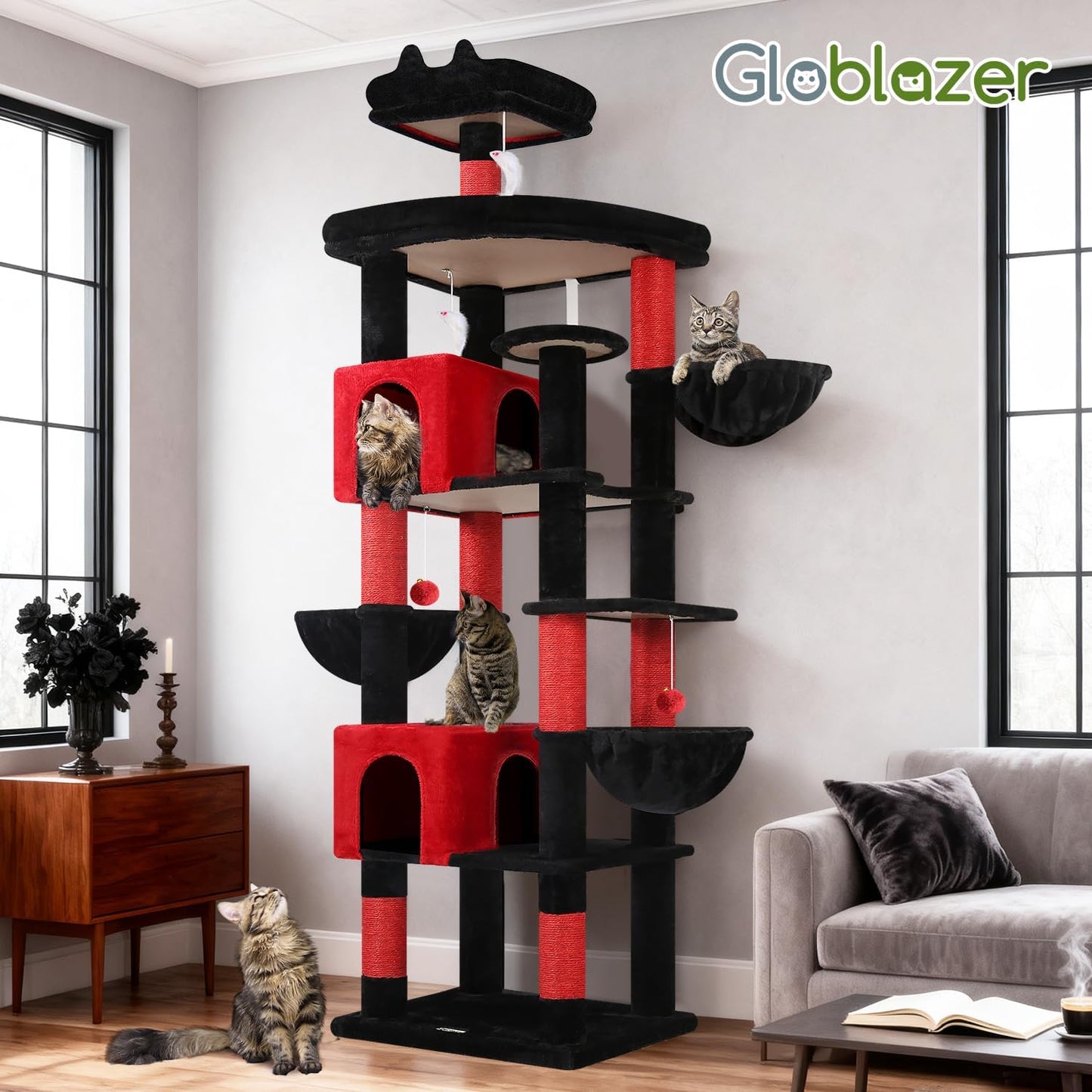Extra Large Cactus Cat Tree Tower, 82in Tall Heavy Duty Cat Tree for Indoor Cats Large Adult Big Cat Tower with 8 Scratching Posts, 2 Cat Condos, 2 Top Perches, 3 Hanging Baskets, S82, Green