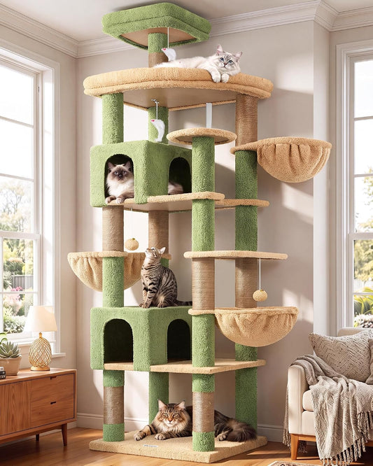 Extra Large Cactus Cat Tree Tower, 82in Tall Heavy Duty Cat Tree for Indoor Cats Large Adult Big Cat Tower with 8 Scratching Posts, 2 Cat Condos, 2 Top Perches, 3 Hanging Baskets, S82, Green