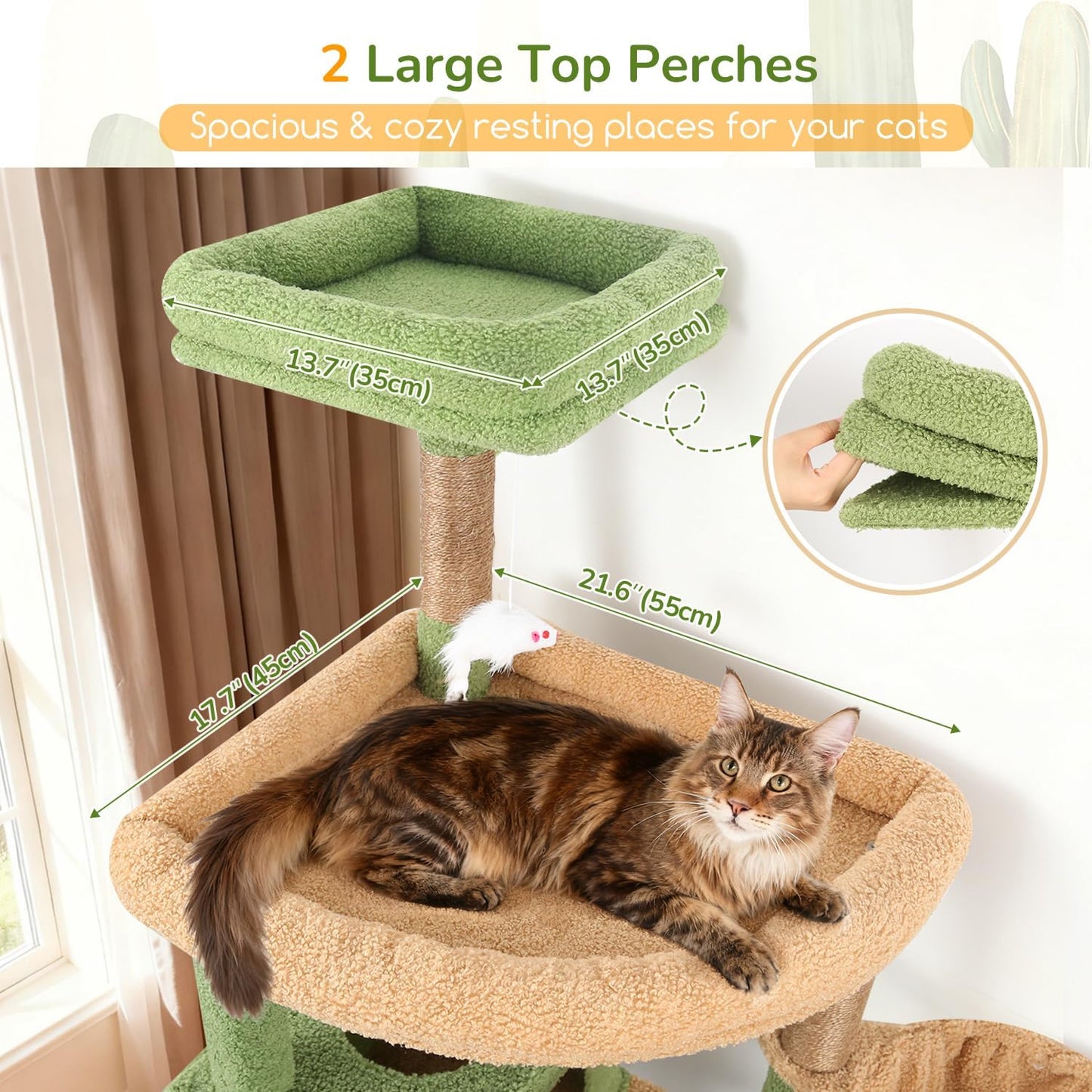 Extra Large Cactus Cat Tree Tower, 82in Tall Heavy Duty Cat Tree for Indoor Cats Large Adult Big Cat Tower with 8 Scratching Posts, 2 Cat Condos, 2 Top Perches, 3 Hanging Baskets, S82, Green
