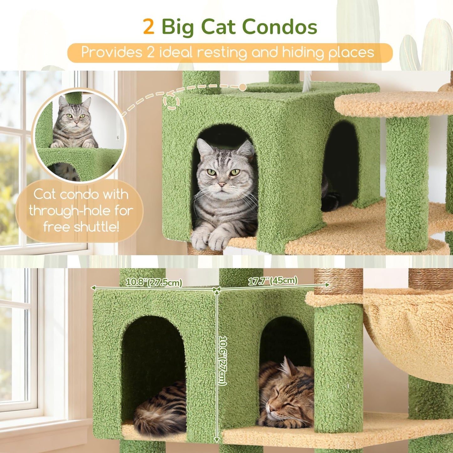 Extra Large Cactus Cat Tree Tower, 82in Tall Heavy Duty Cat Tree for Indoor Cats Large Adult Big Cat Tower with 8 Scratching Posts, 2 Cat Condos, 2 Top Perches, 3 Hanging Baskets, S82, Green