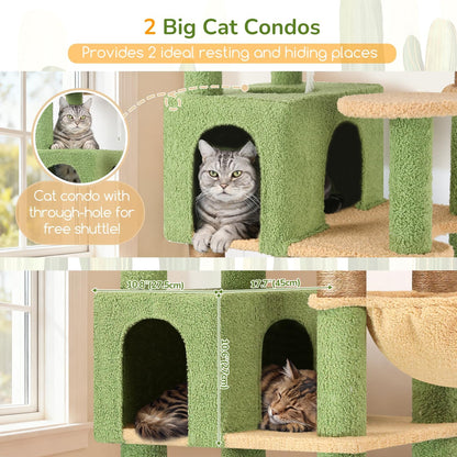 Extra Large Cactus Cat Tree Tower, 82in Tall Heavy Duty Cat Tree for Indoor Cats Large Adult Big Cat Tower with 8 Scratching Posts, 2 Cat Condos, 2 Top Perches, 3 Hanging Baskets, S82, Green