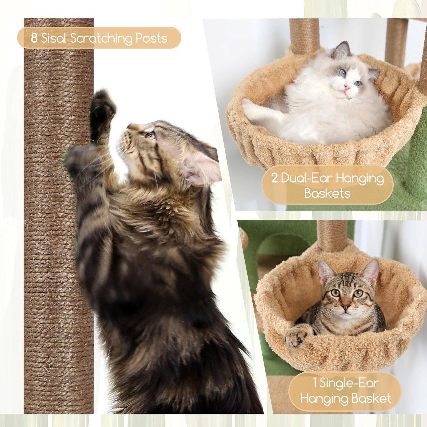 Extra Large Cactus Cat Tree Tower, 82in Tall Heavy Duty Cat Tree for Indoor Cats Large Adult Big Cat Tower with 8 Scratching Posts, 2 Cat Condos, 2 Top Perches, 3 Hanging Baskets, S82, Green