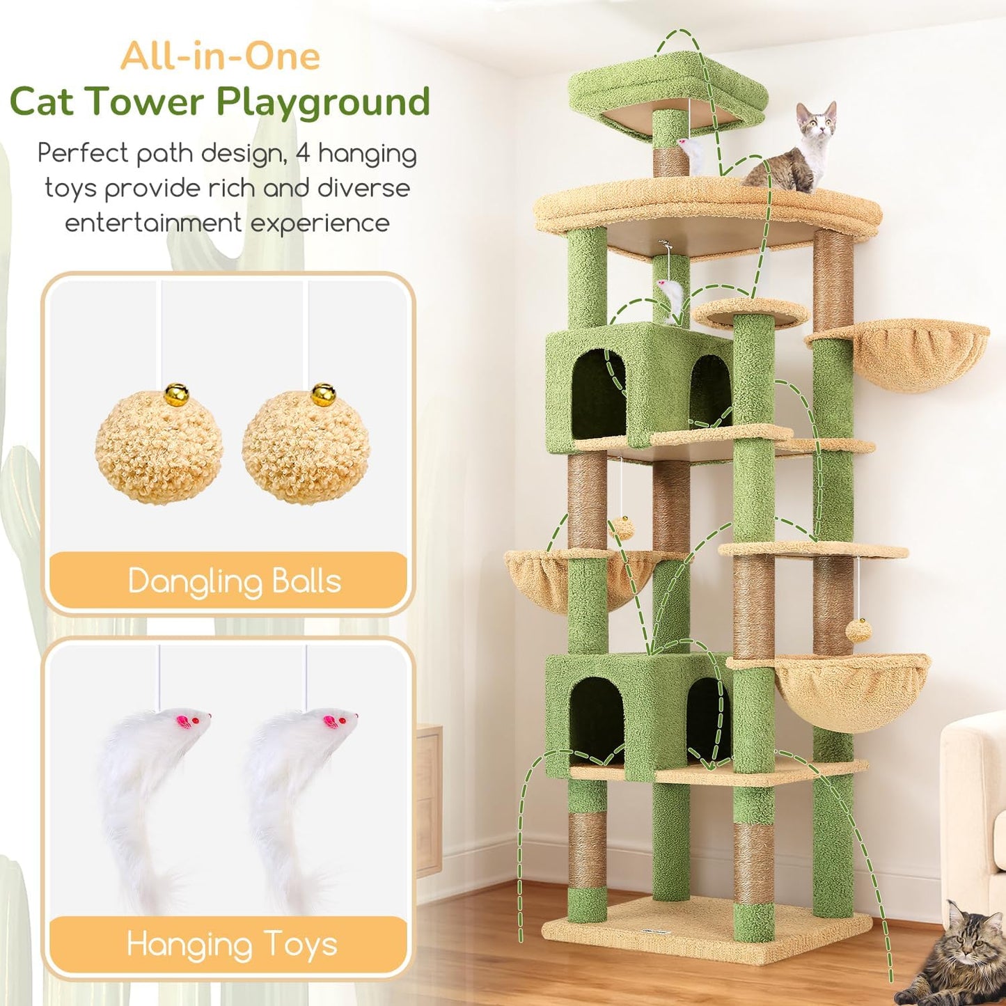Extra Large Cactus Cat Tree Tower, 82in Tall Heavy Duty Cat Tree for Indoor Cats Large Adult Big Cat Tower with 8 Scratching Posts, 2 Cat Condos, 2 Top Perches, 3 Hanging Baskets, S82, Green