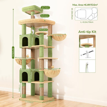 Extra Large Cactus Cat Tree Tower, 82in Tall Heavy Duty Cat Tree for Indoor Cats Large Adult Big Cat Tower with 8 Scratching Posts, 2 Cat Condos, 2 Top Perches, 3 Hanging Baskets, S82, Green