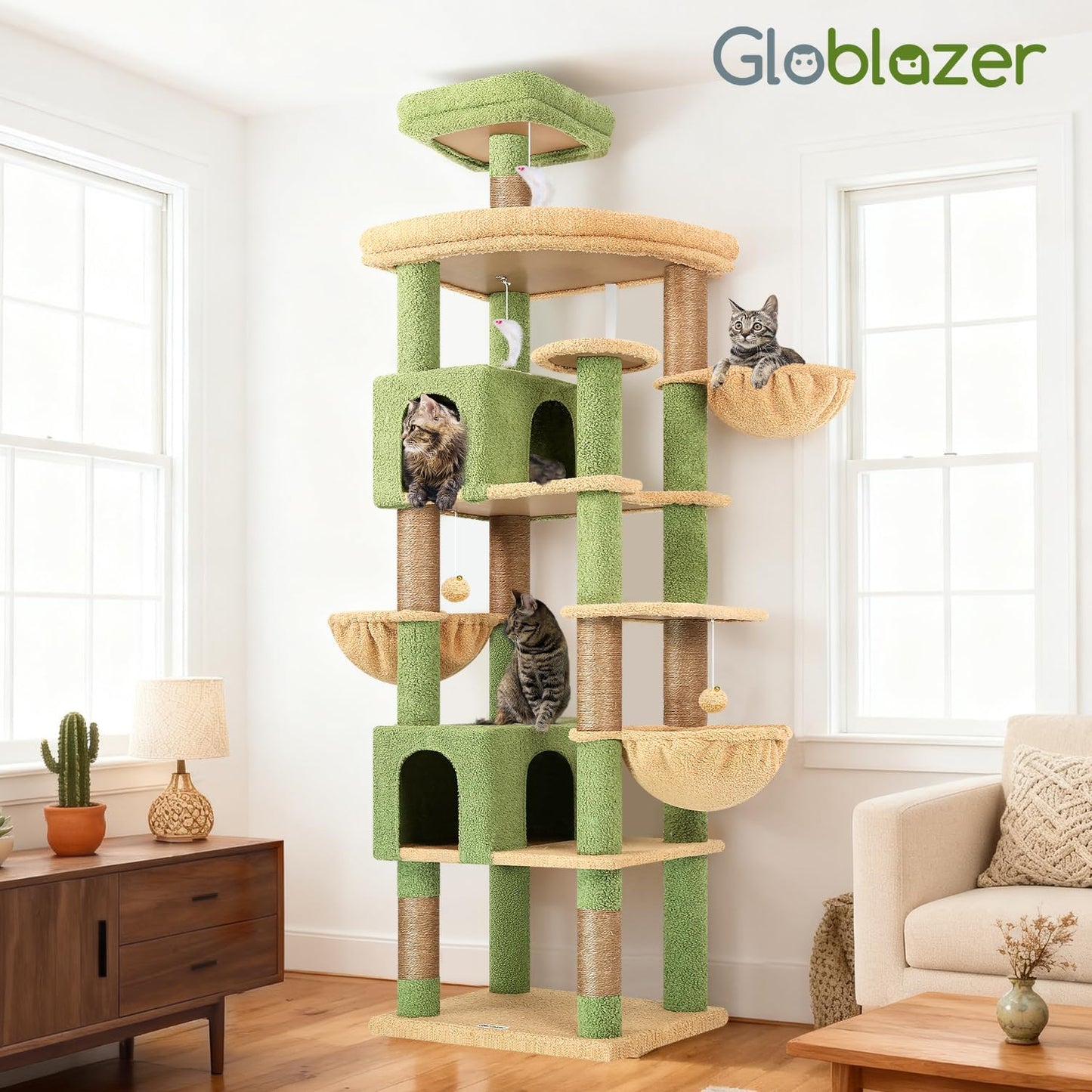 Extra Large Cactus Cat Tree Tower, 82in Tall Heavy Duty Cat Tree for Indoor Cats Large Adult Big Cat Tower with 8 Scratching Posts, 2 Cat Condos, 2 Top Perches, 3 Hanging Baskets, S82, Green