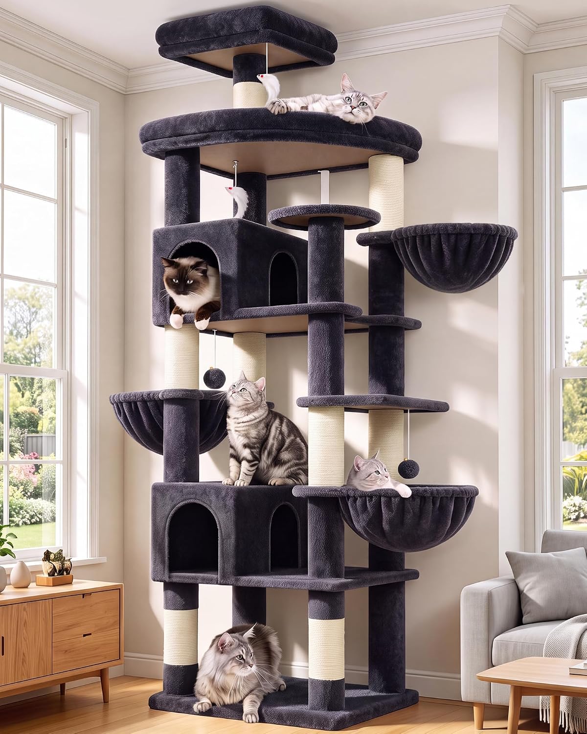 Extra Large Cactus Cat Tree Tower, 82in Tall Heavy Duty Cat Tree for Indoor Cats Large Adult Big Cat Tower with 8 Scratching Posts, 2 Cat Condos, 2 Top Perches, 3 Hanging Baskets, S82, Green