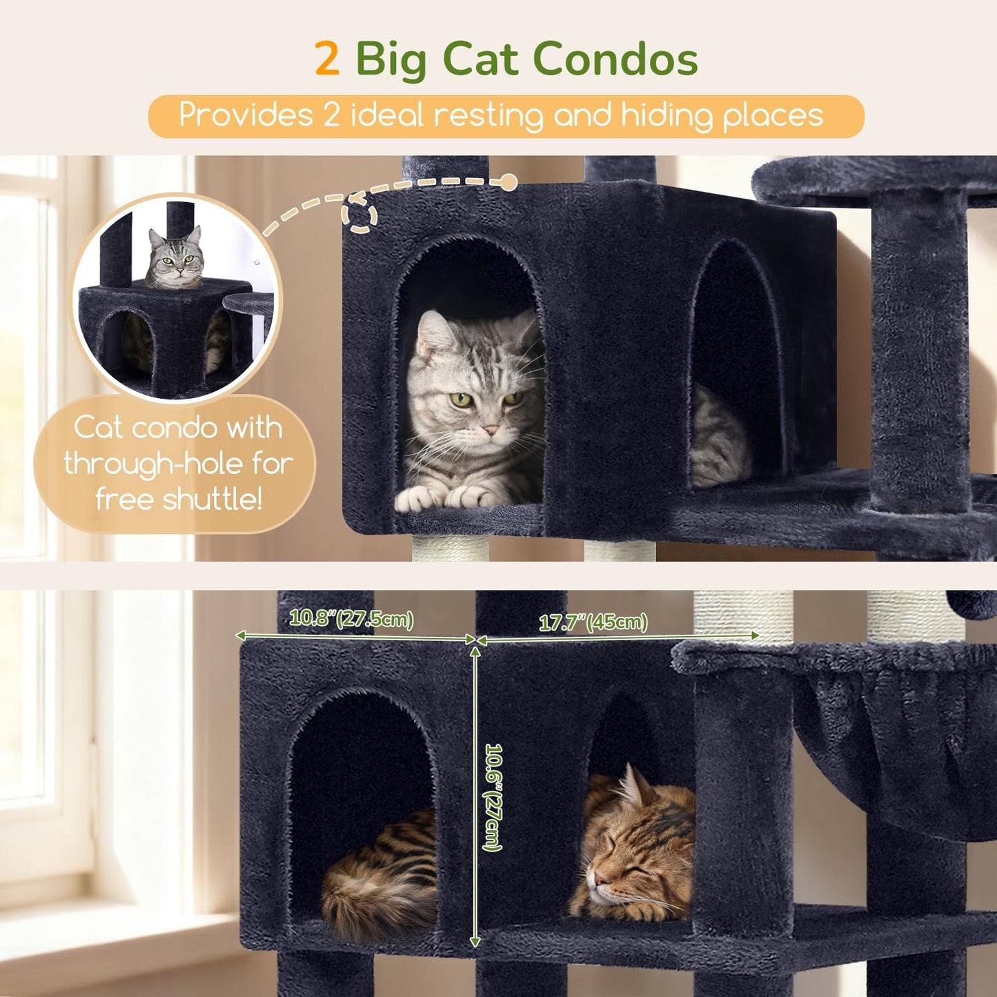 Extra Large Cactus Cat Tree Tower, 82in Tall Heavy Duty Cat Tree for Indoor Cats Large Adult Big Cat Tower with 8 Scratching Posts, 2 Cat Condos, 2 Top Perches, 3 Hanging Baskets, S82, Green