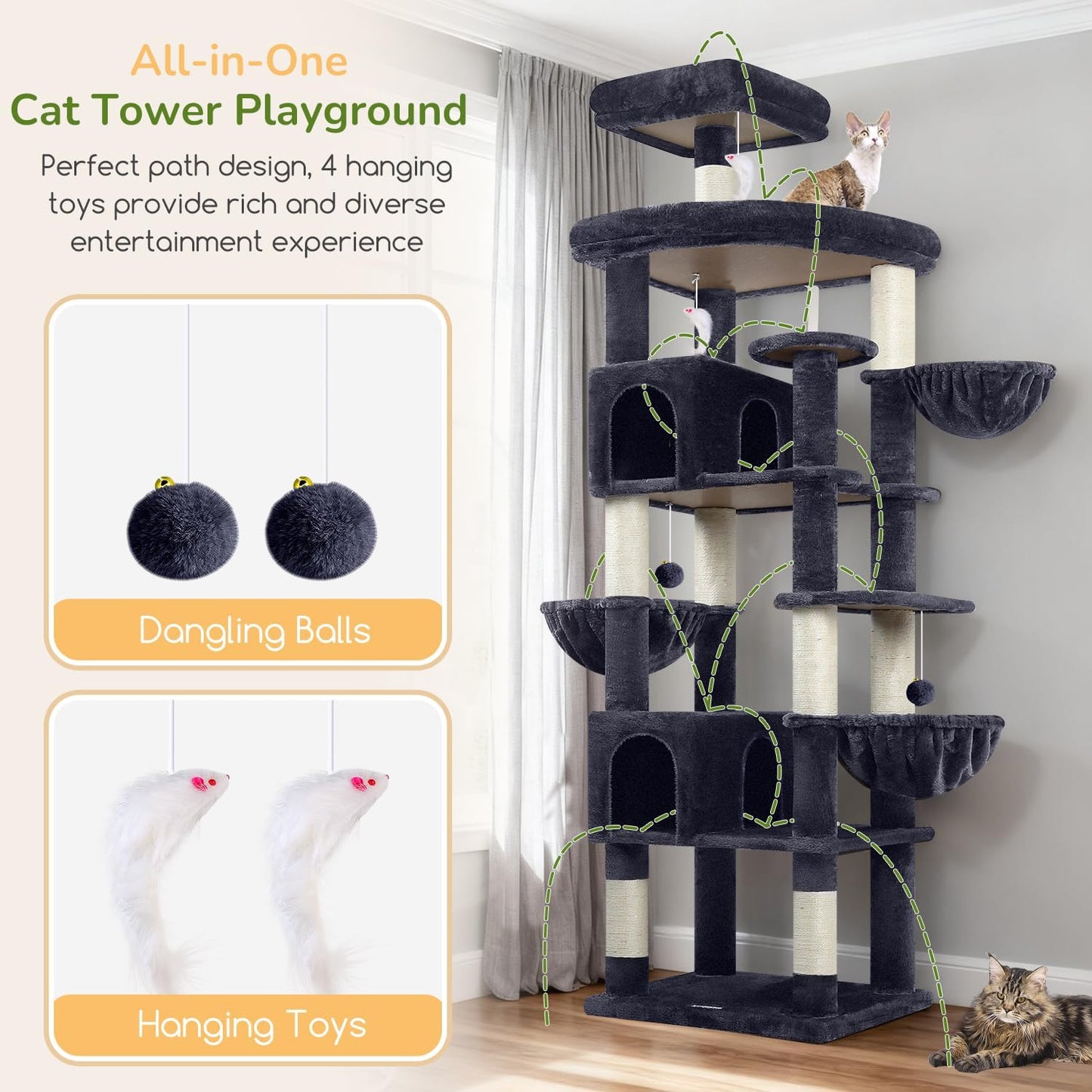Extra Large Cactus Cat Tree Tower, 82in Tall Heavy Duty Cat Tree for Indoor Cats Large Adult Big Cat Tower with 8 Scratching Posts, 2 Cat Condos, 2 Top Perches, 3 Hanging Baskets, S82, Green