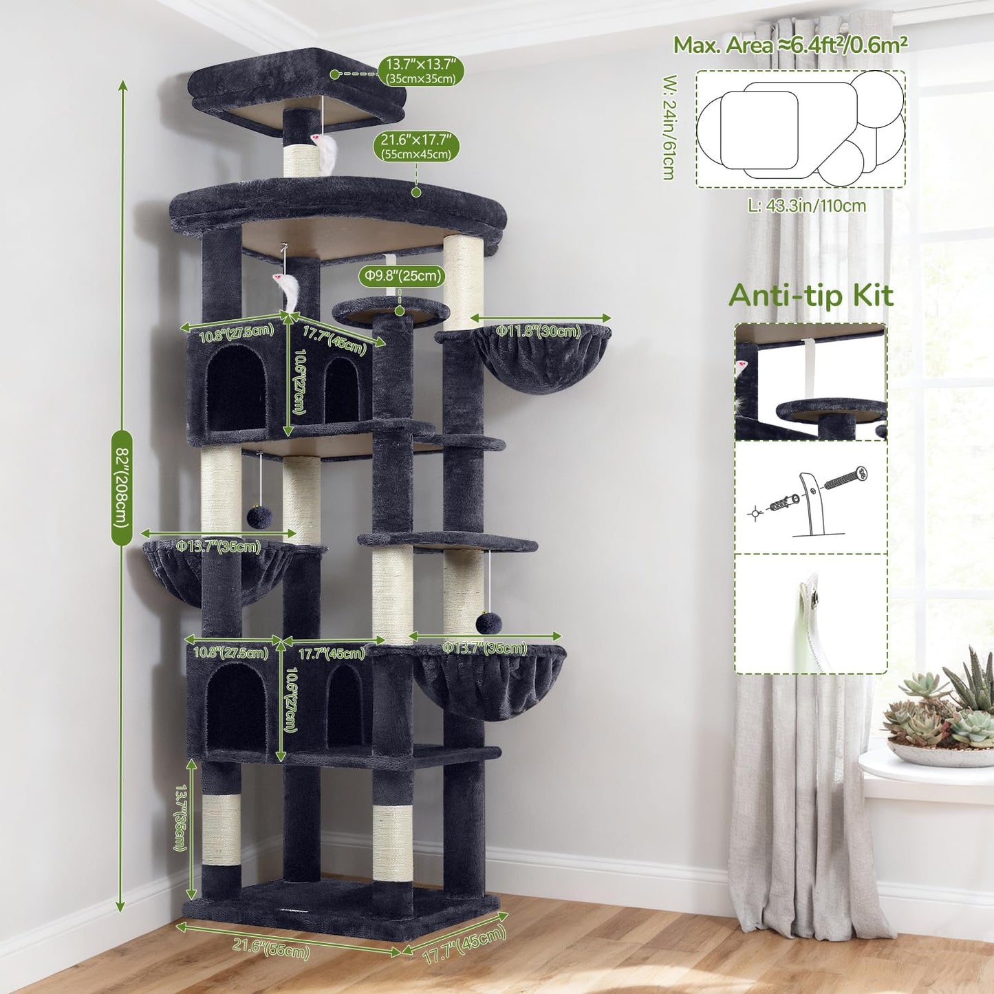 Extra Large Cactus Cat Tree Tower, 82in Tall Heavy Duty Cat Tree for Indoor Cats Large Adult Big Cat Tower with 8 Scratching Posts, 2 Cat Condos, 2 Top Perches, 3 Hanging Baskets, S82, Green