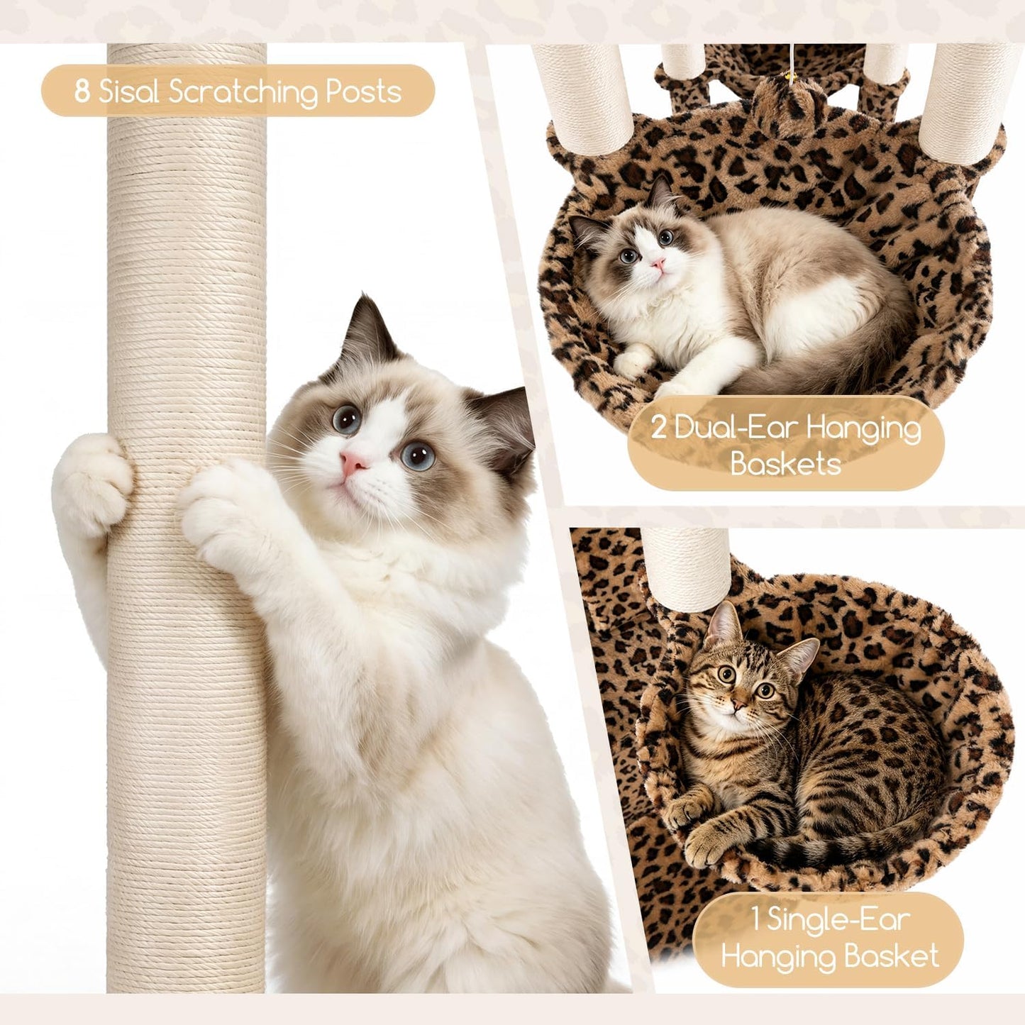 Extra Large Cactus Cat Tree Tower, 82in Tall Heavy Duty Cat Tree for Indoor Cats Large Adult Big Cat Tower with 8 Scratching Posts, 2 Cat Condos, 2 Top Perches, 3 Hanging Baskets, S82, Green