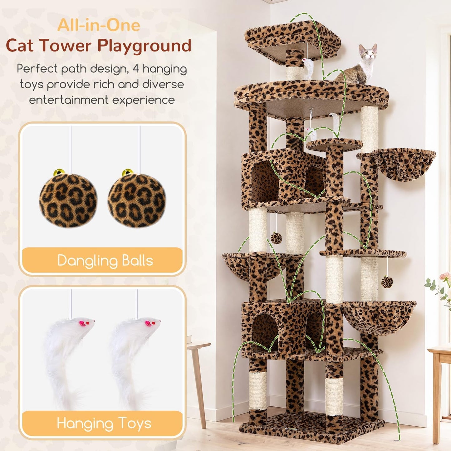 Extra Large Cactus Cat Tree Tower, 82in Tall Heavy Duty Cat Tree for Indoor Cats Large Adult Big Cat Tower with 8 Scratching Posts, 2 Cat Condos, 2 Top Perches, 3 Hanging Baskets, S82, Green