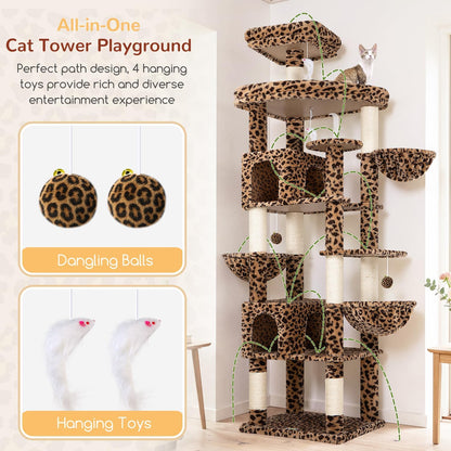 Extra Large Cactus Cat Tree Tower, 82in Tall Heavy Duty Cat Tree for Indoor Cats Large Adult Big Cat Tower with 8 Scratching Posts, 2 Cat Condos, 2 Top Perches, 3 Hanging Baskets, S82, Green