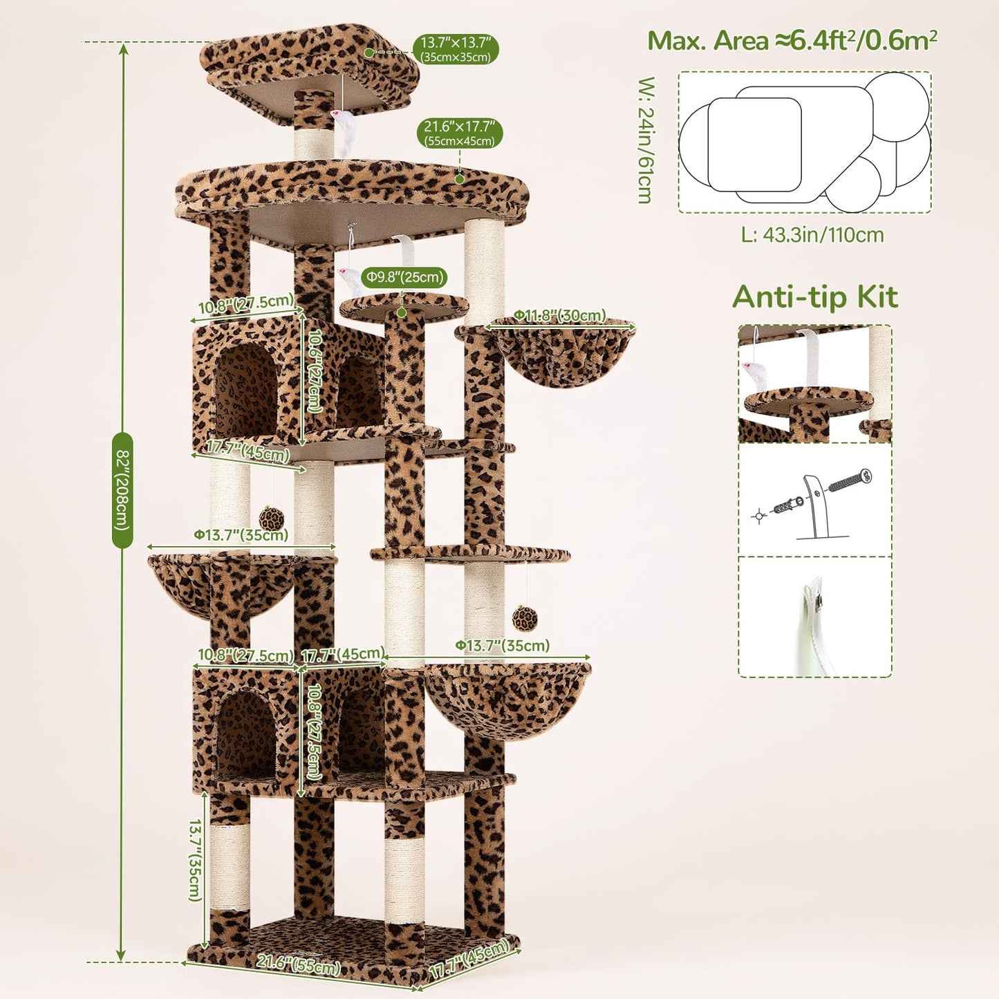 Extra Large Cactus Cat Tree Tower, 82in Tall Heavy Duty Cat Tree for Indoor Cats Large Adult Big Cat Tower with 8 Scratching Posts, 2 Cat Condos, 2 Top Perches, 3 Hanging Baskets, S82, Green