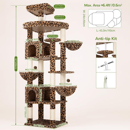 Extra Large Cactus Cat Tree Tower, 82in Tall Heavy Duty Cat Tree for Indoor Cats Large Adult Big Cat Tower with 8 Scratching Posts, 2 Cat Condos, 2 Top Perches, 3 Hanging Baskets, S82, Green