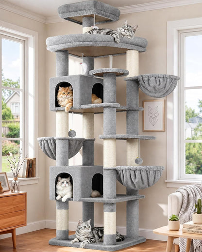 Extra Large Cactus Cat Tree Tower, 82in Tall Heavy Duty Cat Tree for Indoor Cats Large Adult Big Cat Tower with 8 Scratching Posts, 2 Cat Condos, 2 Top Perches, 3 Hanging Baskets, S82, Green