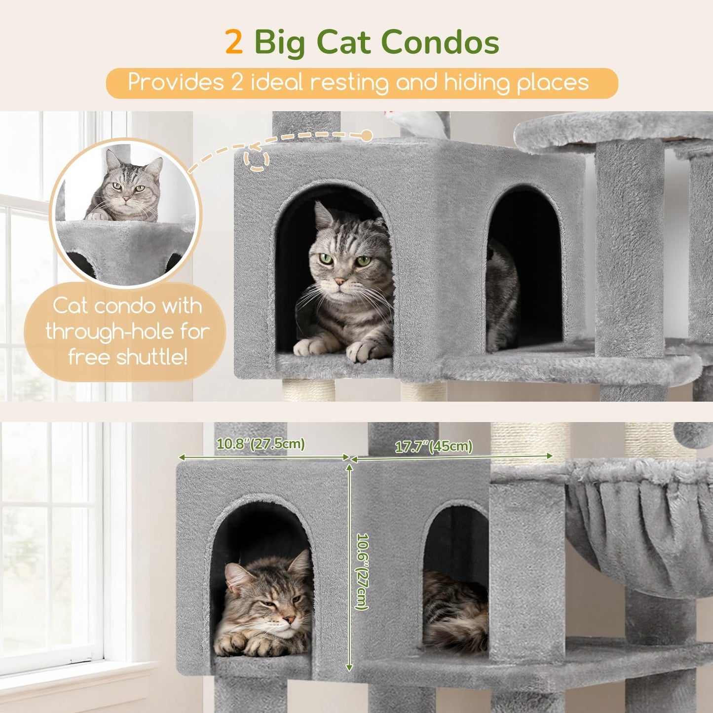 Extra Large Cactus Cat Tree Tower, 82in Tall Heavy Duty Cat Tree for Indoor Cats Large Adult Big Cat Tower with 8 Scratching Posts, 2 Cat Condos, 2 Top Perches, 3 Hanging Baskets, S82, Green