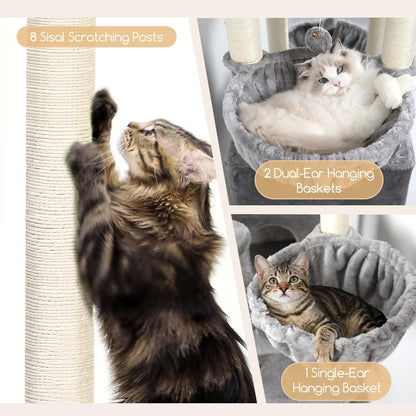 Extra Large Cactus Cat Tree Tower, 82in Tall Heavy Duty Cat Tree for Indoor Cats Large Adult Big Cat Tower with 8 Scratching Posts, 2 Cat Condos, 2 Top Perches, 3 Hanging Baskets, S82, Green