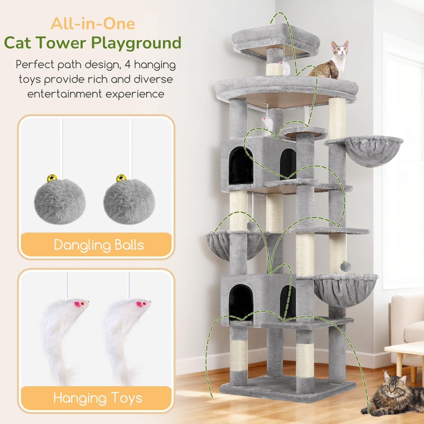 Extra Large Cactus Cat Tree Tower, 82in Tall Heavy Duty Cat Tree for Indoor Cats Large Adult Big Cat Tower with 8 Scratching Posts, 2 Cat Condos, 2 Top Perches, 3 Hanging Baskets, S82, Green