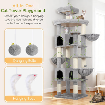 Extra Large Cactus Cat Tree Tower, 82in Tall Heavy Duty Cat Tree for Indoor Cats Large Adult Big Cat Tower with 8 Scratching Posts, 2 Cat Condos, 2 Top Perches, 3 Hanging Baskets, S82, Green