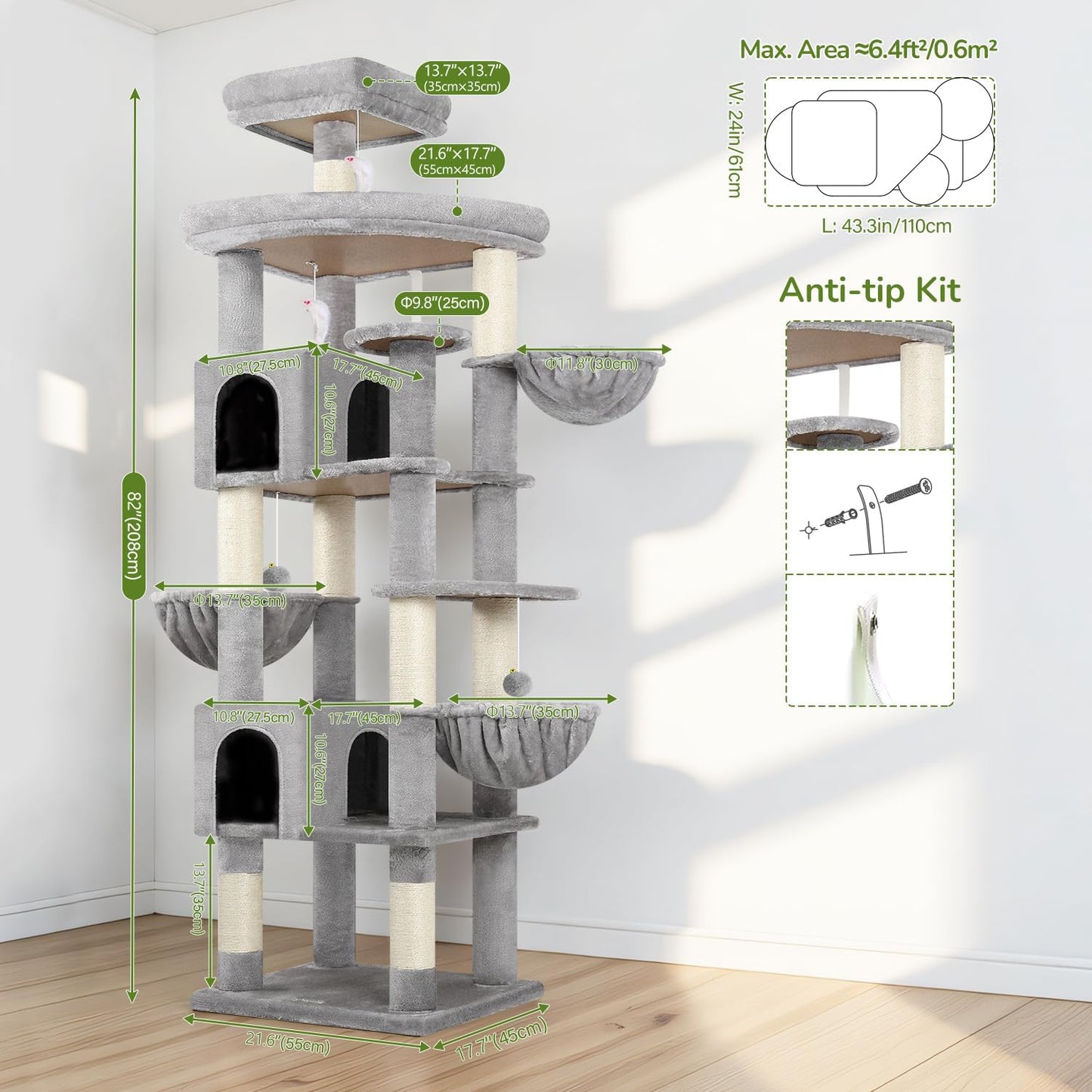 Extra Large Cactus Cat Tree Tower, 82in Tall Heavy Duty Cat Tree for Indoor Cats Large Adult Big Cat Tower with 8 Scratching Posts, 2 Cat Condos, 2 Top Perches, 3 Hanging Baskets, S82, Green